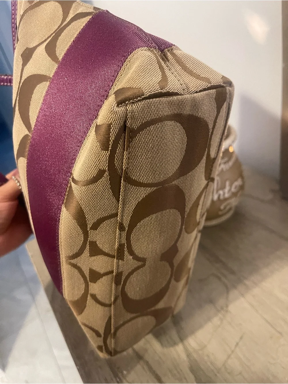 Coach Canvas Tote with Purple Trim and Tan Signature Print - Picture 9 of 9